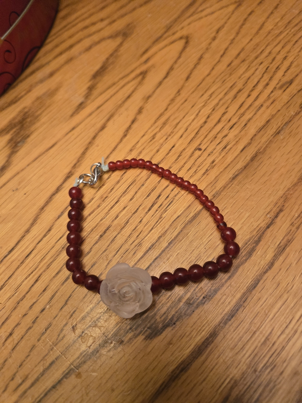 Rose Accent Red Beaded Bracelet